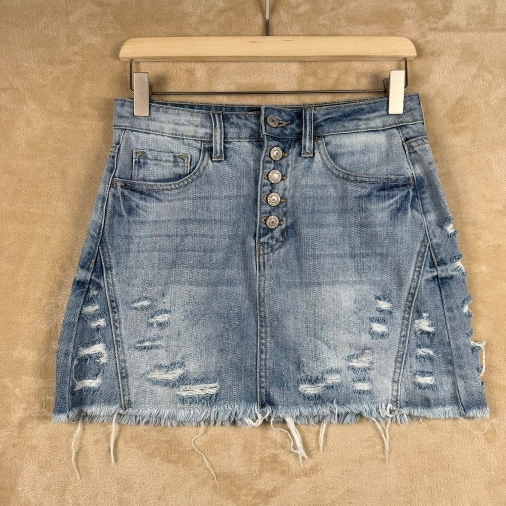 Vervet Womens Size S Distressed Denim Mini Skirt Light Wash Button Fly Raw Hem